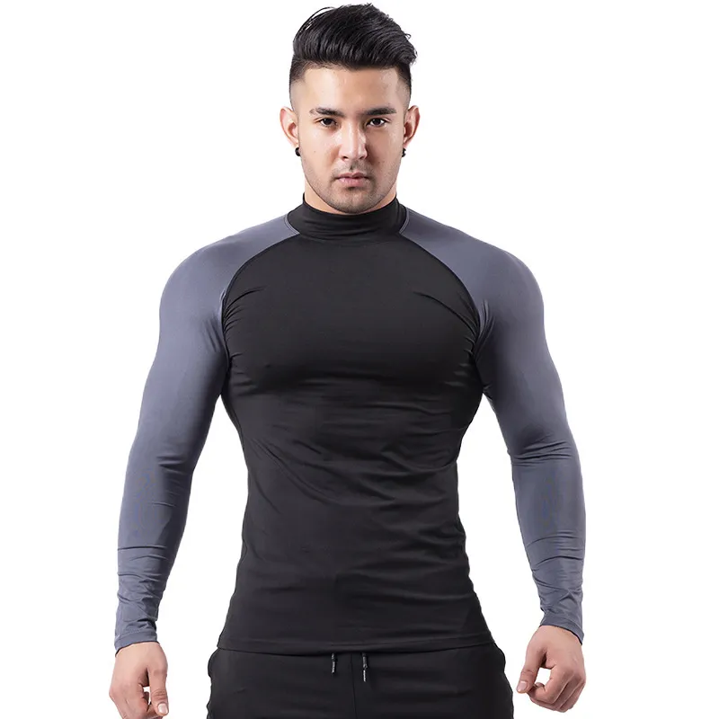 High Collar Men Sports Pro Tight Quick-Drying Long-Sleeved T-Shirt for Running Basketball Fitness