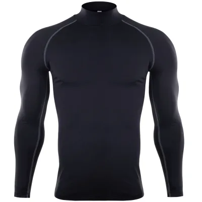 High Collar Men Sports Pro Tight Quick-Drying Long-Sleeved T-Shirt for Running Basketball Fitness