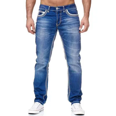 Fashion Basic Men Slim Fit Double-Line Mid-Waist Straight Denim Jeans