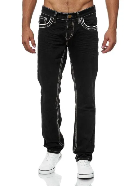 Fashion Basic Men Slim Fit Double-Line Mid-Waist Straight Denim Jeans