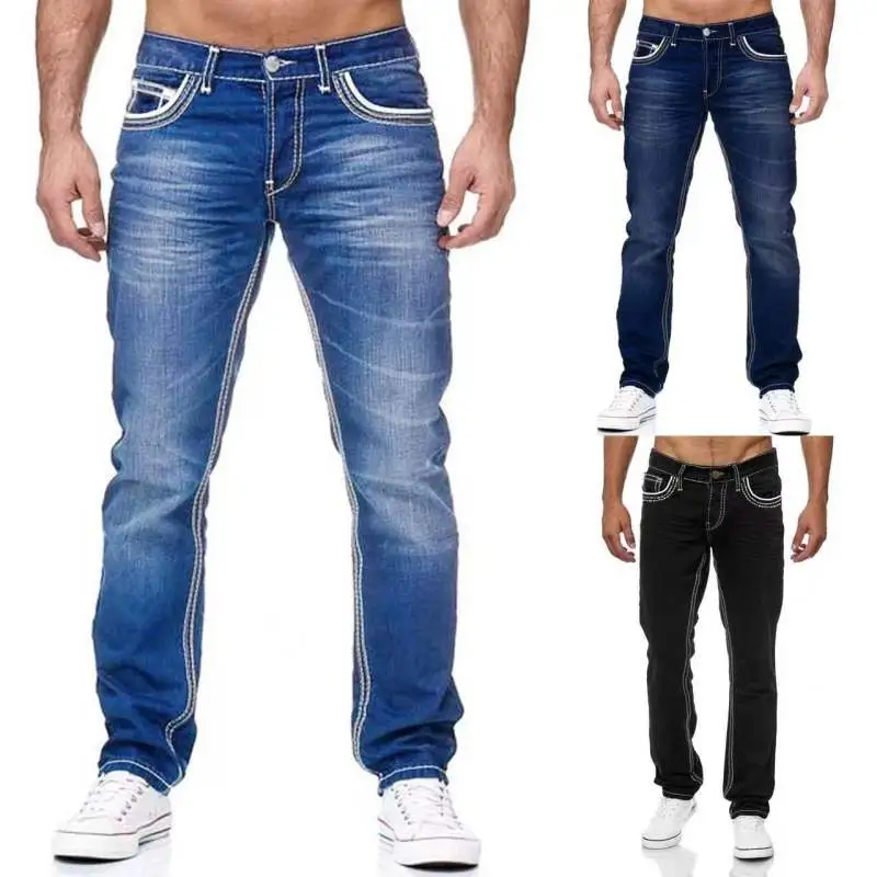 Fashion Basic Men Slim Fit Double-Line Mid-Waist Straight Denim Jeans