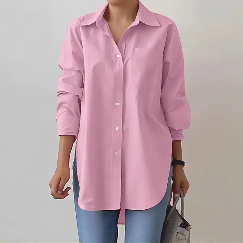 Plus Size Elegant Lapel Long Sleeve Women Solid Color Split Hem Oversized Office Blouse