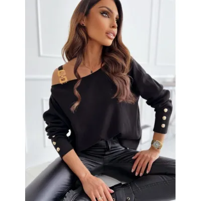Fashion Sexy Cool-Shoulder Chain Button Long Sleeve Solid Color Blouse