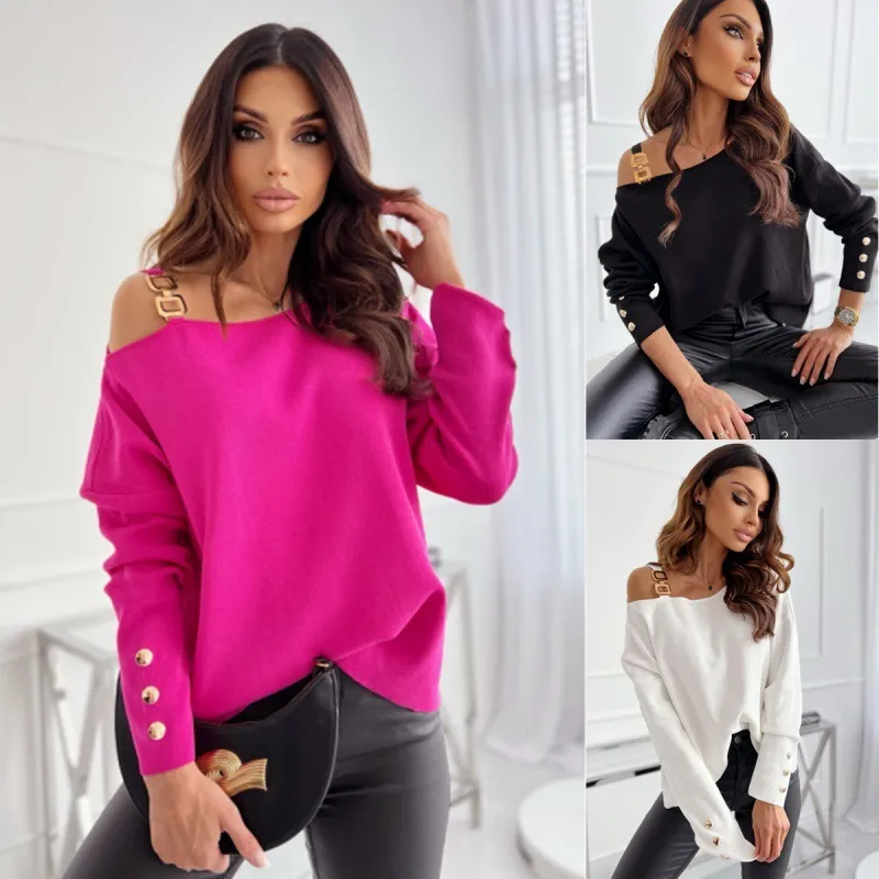 Fashion Sexy Cool-Shoulder Chain Button Long Sleeve Solid Color Blouse
