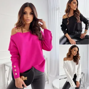 Fashion Sexy Cool-Shoulder Chain Button Long Sleeve Solid Color Blouse