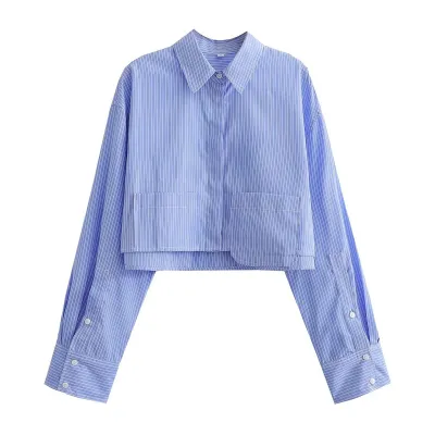 Spring New Fashion Women White Long Sleeve Lapel Cropped Shirt Pocket Blouse