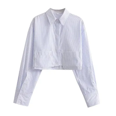Spring New Fashion Women White Long Sleeve Lapel Cropped Shirt Pocket Blouse
