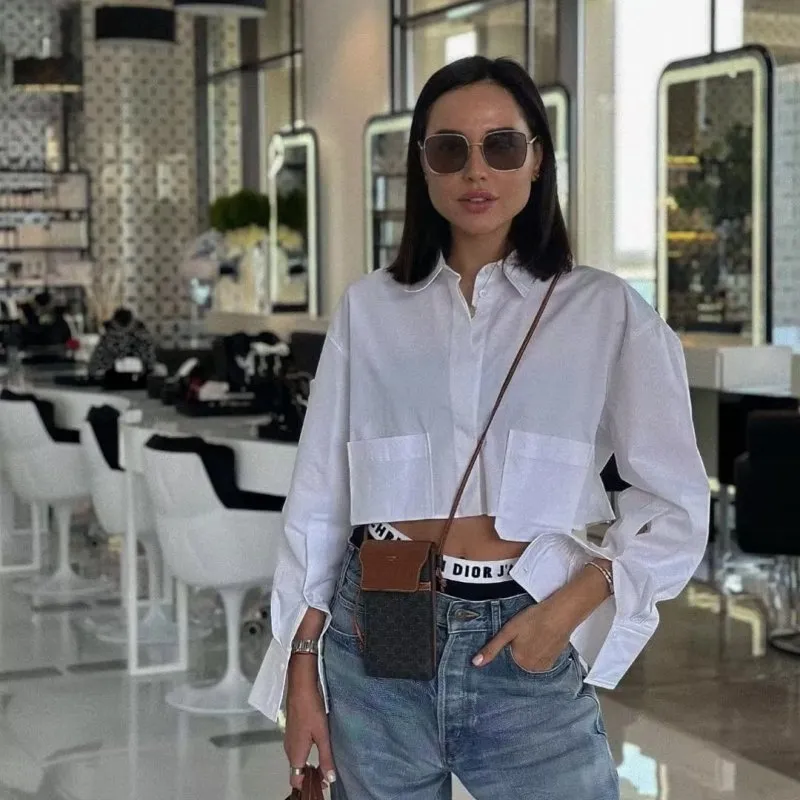 Spring New Fashion Women White Long Sleeve Lapel Cropped Shirt Pocket Blouse