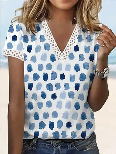 Women Casual Summer V-Neck Lace Feather Floral Printed Short-Sleeved Blouse