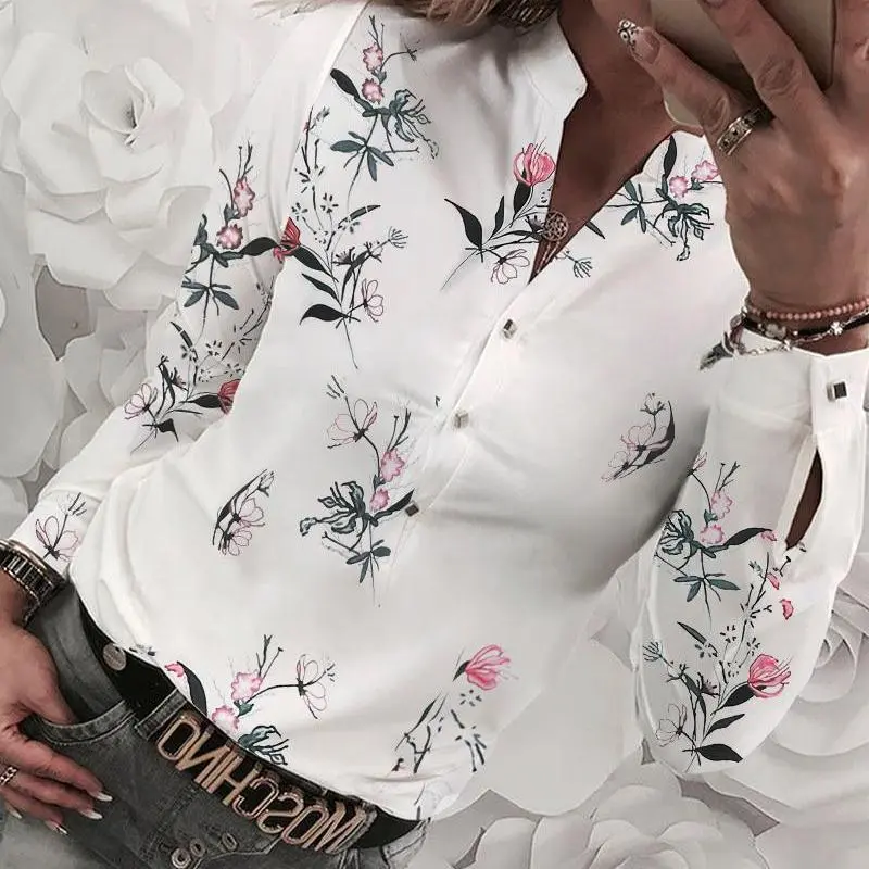 Women's Floral Printed V-Neck Long Sleeve Blouse for Office Chic