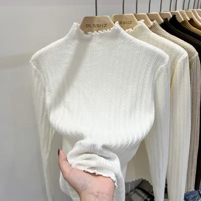 Sweet Ruffled Half-High Collar Women White Pullover Sweater