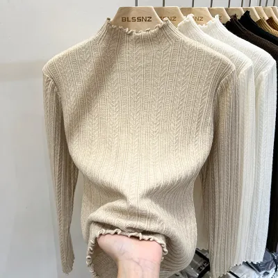 Sweet Ruffled Half-High Collar Women White Pullover Sweater