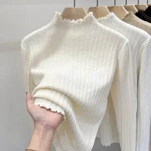 Sweet Ruffled Half-High Collar Women White Pullover Sweater