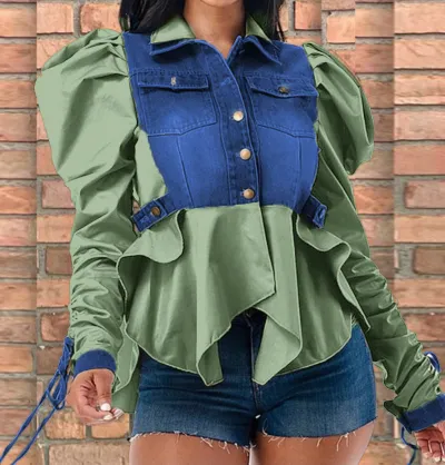 Office Chic Women Tie-Up Denim Patchwork Puff Sleeve Lapel Shirt Blouse