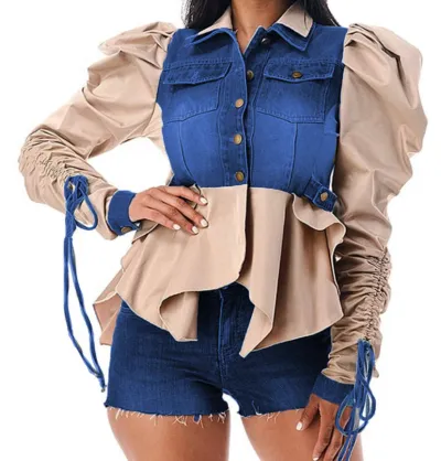 Office Chic Women Tie-Up Denim Patchwork Puff Sleeve Lapel Shirt Blouse