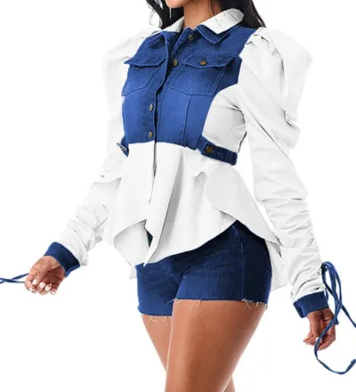 Office Chic Women Tie-Up Denim Patchwork Puff Sleeve Lapel Shirt Blouse