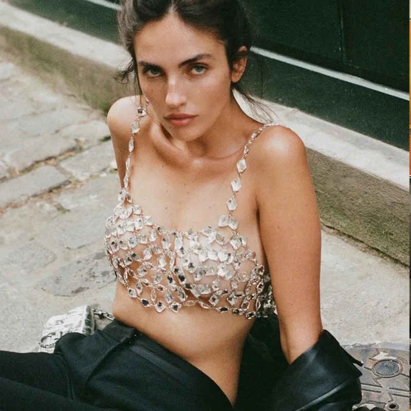 Women Summer Nightclub Sexy Gemstone Crystal Strap Hollow Crop Top