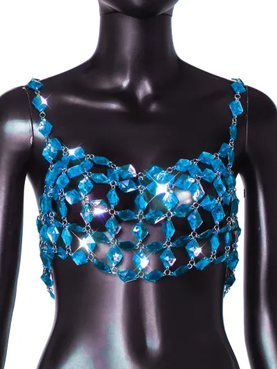 Women Summer Nightclub Sexy Gemstone Crystal Strap Hollow Crop Top
