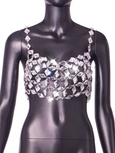 Women Summer Nightclub Sexy Gemstone Crystal Strap Hollow Crop Top