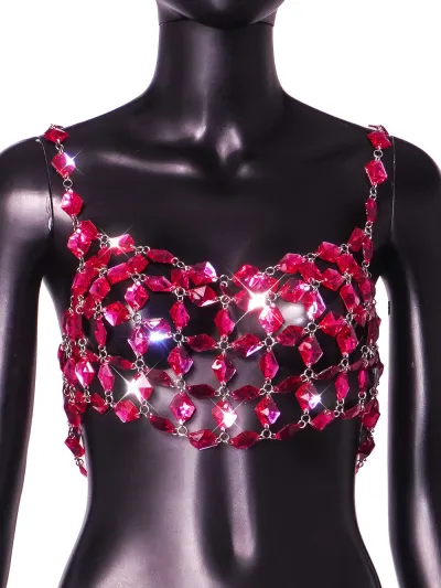 Women Summer Nightclub Sexy Gemstone Crystal Strap Hollow Crop Top