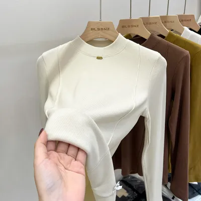 Half-High Collar Fleece-Lined Basic Women Solid Color Fishbone Chic Slim-Fit Long Sleeve Top