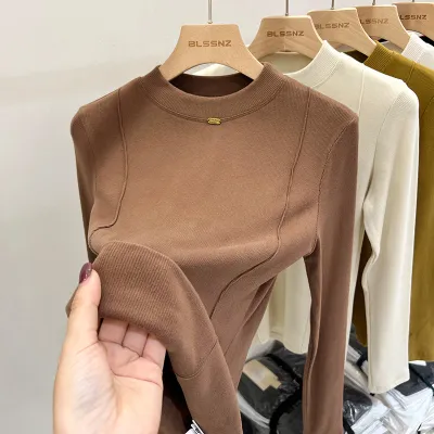 Half-High Collar Fleece-Lined Basic Women Solid Color Fishbone Chic Slim-Fit Long Sleeve Top