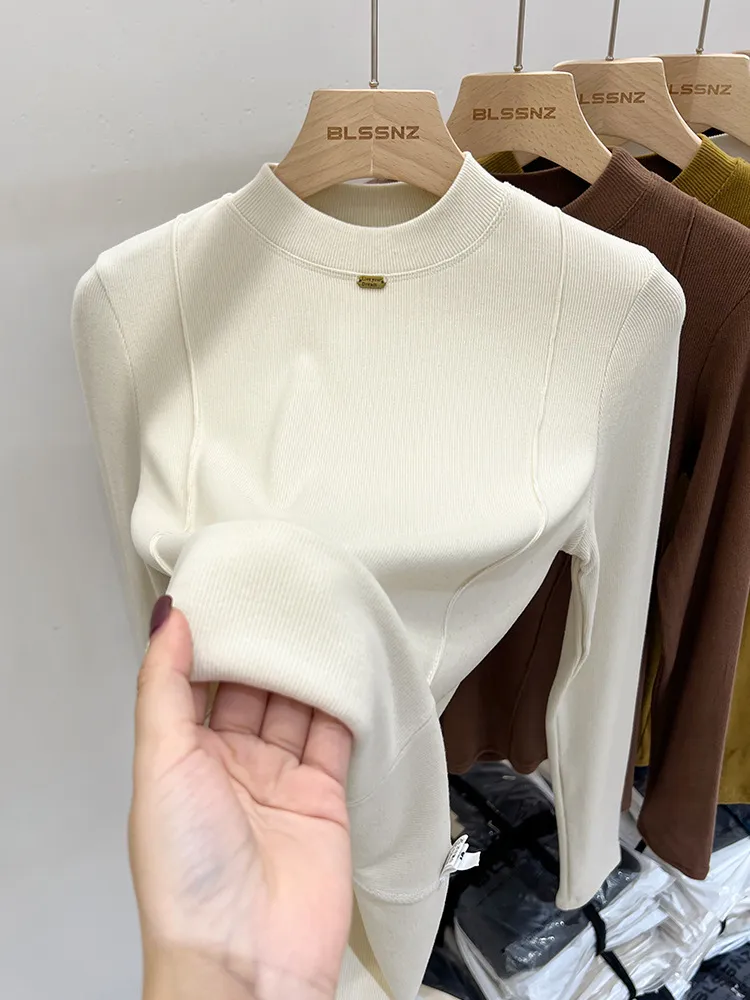 Half-High Collar Fleece-Lined Basic Women Solid Color Fishbone Chic Slim-Fit Long Sleeve Top