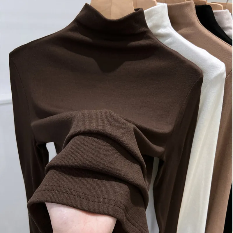Women Basic Semi-High Collar Solid Color Slim-Fit Long-Sleeved T-Shirt