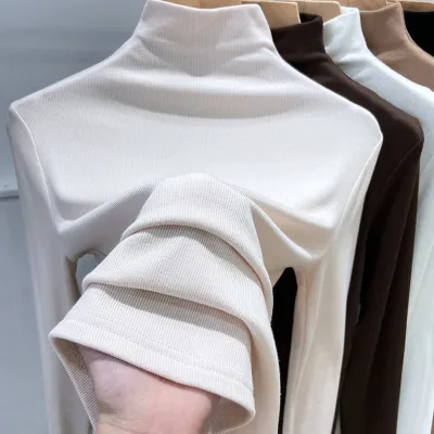 Women Basic Semi-High Collar Solid Color Slim-Fit Long-Sleeved T-Shirt