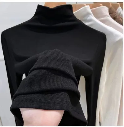 Women Basic Semi-High Collar Solid Color Slim-Fit Long-Sleeved T-Shirt