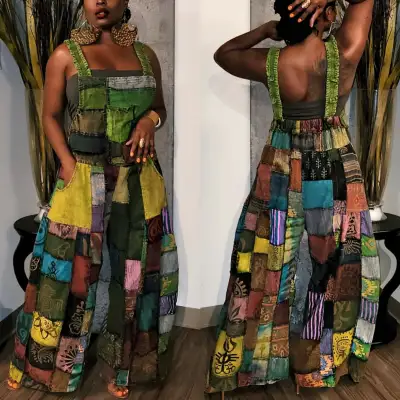 Vintage Boho Women Printed Backless Suspender Wide Leg Jumpsuits