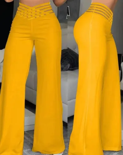 Summer Women Hollow High Waist Casual Straight Loose Office Solid Wide Leg Pants