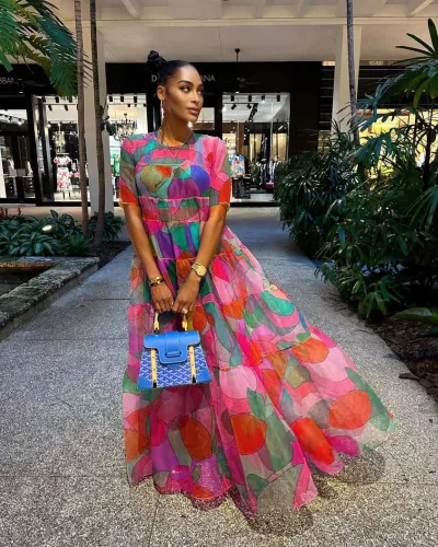 Women Boho Mesh Leaf Floral Print Short Sleeve Loose Casual Maxi Dress