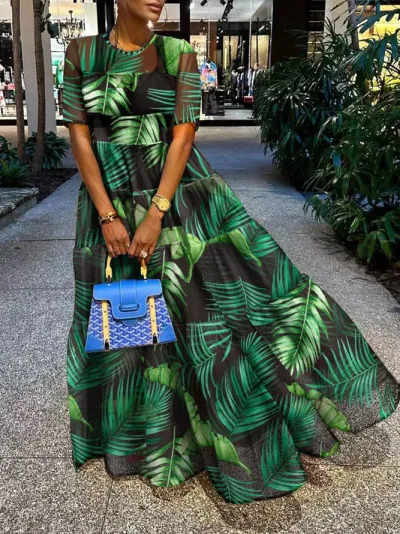 Women Boho Mesh Leaf Floral Print Short Sleeve Loose Casual Maxi Dress