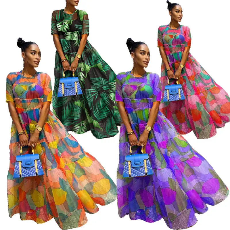 Women Boho Mesh Leaf Floral Print Short Sleeve Loose Casual Maxi Dress