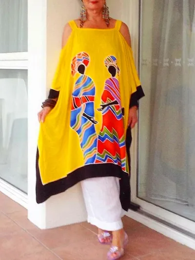 Summer Vintage Boho Cool Shoulder Print Sling Loose Vacation Dress
