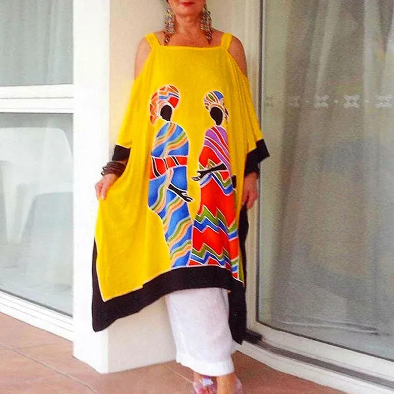 Summer Vintage Boho Cool Shoulder Print Sling Loose Vacation Dress