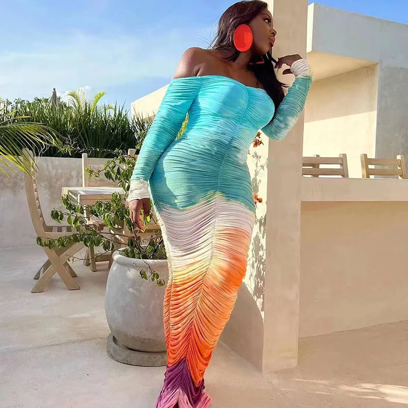 Fashion Elegant Women Tie Dye Printed Off-Shoulder Long Sleeve Creased Casual Maxi Dress