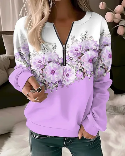 Women Casual Floral Printed V-Neck Long-Sleeve Pullover Loose Sweatshirt