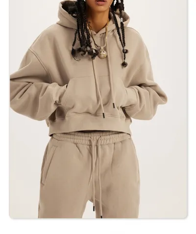 Athleisure Casual Solid Color Pullover Drawstring Pocket Hoodie Pants Set Women Sports Set