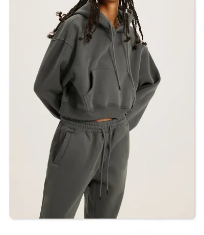 Athleisure Casual Solid Color Pullover Drawstring Pocket Hoodie Pants Set Women Sports Set