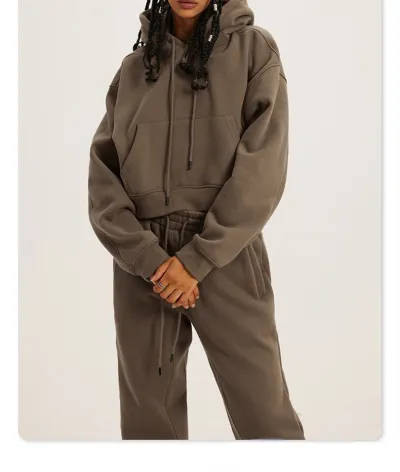 Athleisure Casual Solid Color Pullover Drawstring Pocket Hoodie Pants Set Women Sports Set