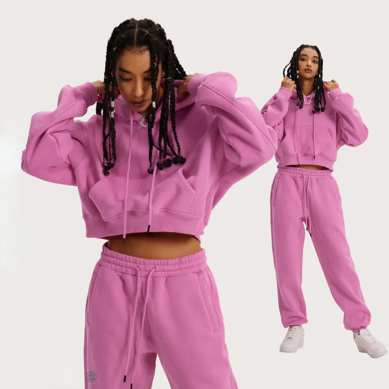 Athleisure Casual Solid Color Pullover Drawstring Pocket Hoodie Pants Set Women Sports Set