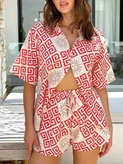 Women Casual Vacation Sun Printed Cardigan Shirt Short Sleeve Blouse Loose Shorts Set