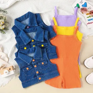 Summer Fashion Kids Toddler Girls Sling Rompers Denim Coat Vest Set Two-Piece Pullover