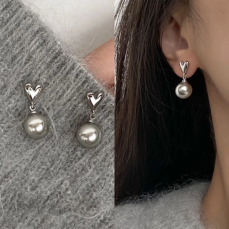 Fashion Exquisite Women Silver Grey Heart Pearl Earrings