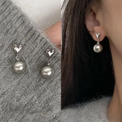 Fashion Exquisite Women Silver Grey Heart Pearl Earrings