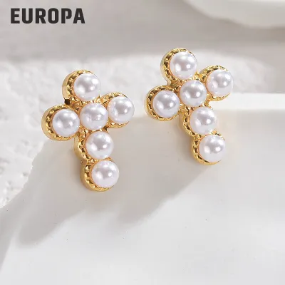 Fashion Retro Stainless Steel Women Pearl Metal Earrings