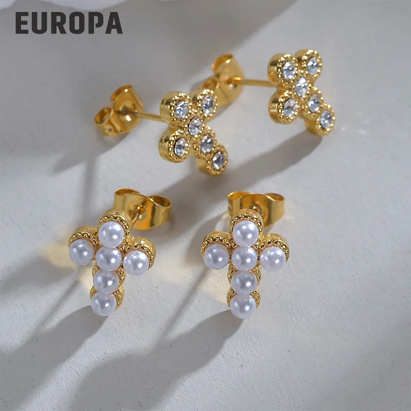 Fashion Retro Stainless Steel Women Pearl Metal Earrings