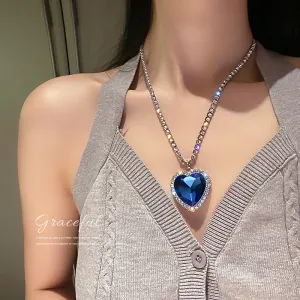 Women Fashion Style Crystal Heart Pendant Rhinestone Ball Chain Necklace